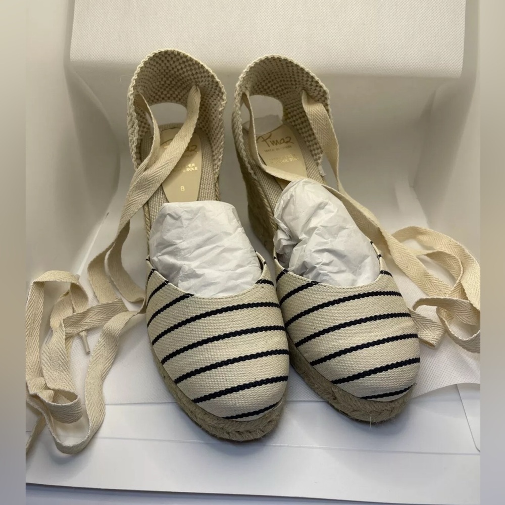 Pinaz Espadrille Fabric Stripe Marina S: 8 /Wedge Made In Spain/Ivory Navy/New